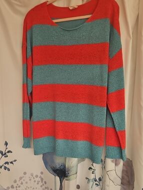 BiBi Striped Hot Pink  and Teal Worn Once Crewneck Summwr Weight Sweater